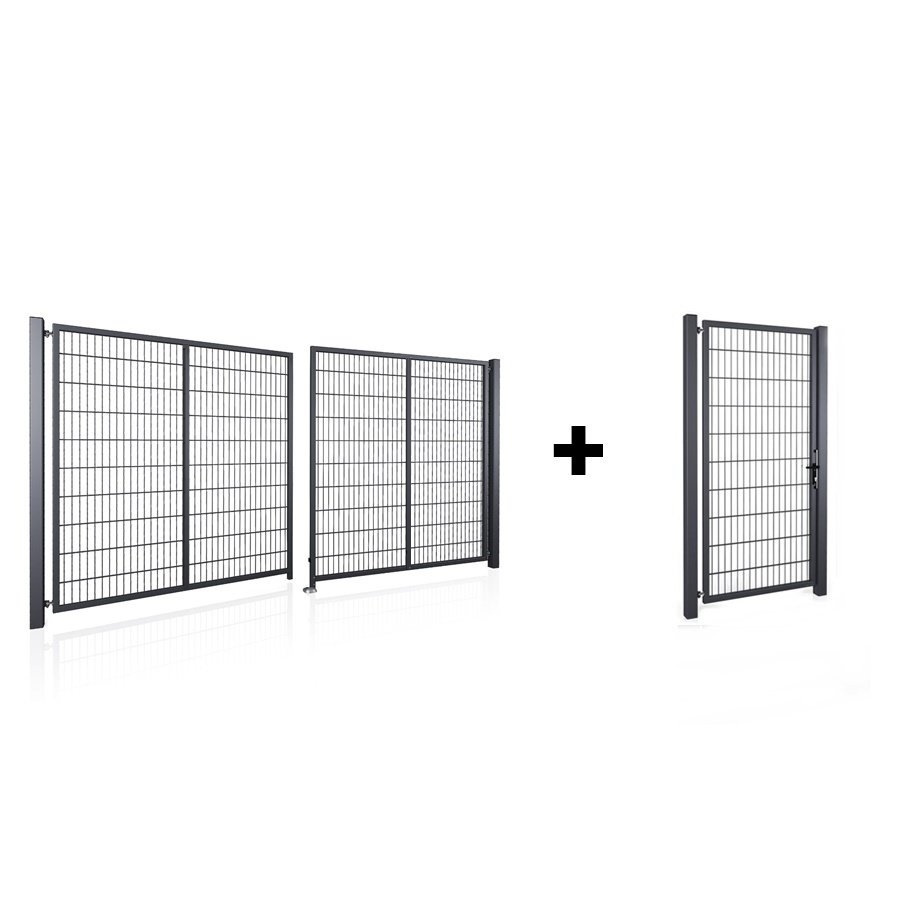 Brama panelowa dwuskrzydłowa 2D SOLID (6/5/6) 4000mm x 1700mm + furtka panelowa 2D SOLID 875mm x 1700mm RAL7016 — zdjęcie 1